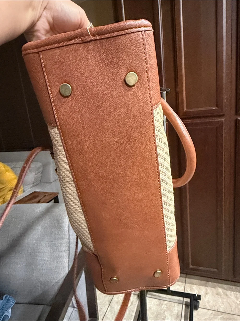 FRYE AND CO. Natural Woven Satchel with Tan Trim